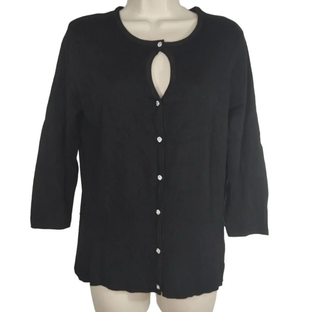 George Black Jewel Button Up Cardigan Sweater Women Size L 12-14 MISSING BELT